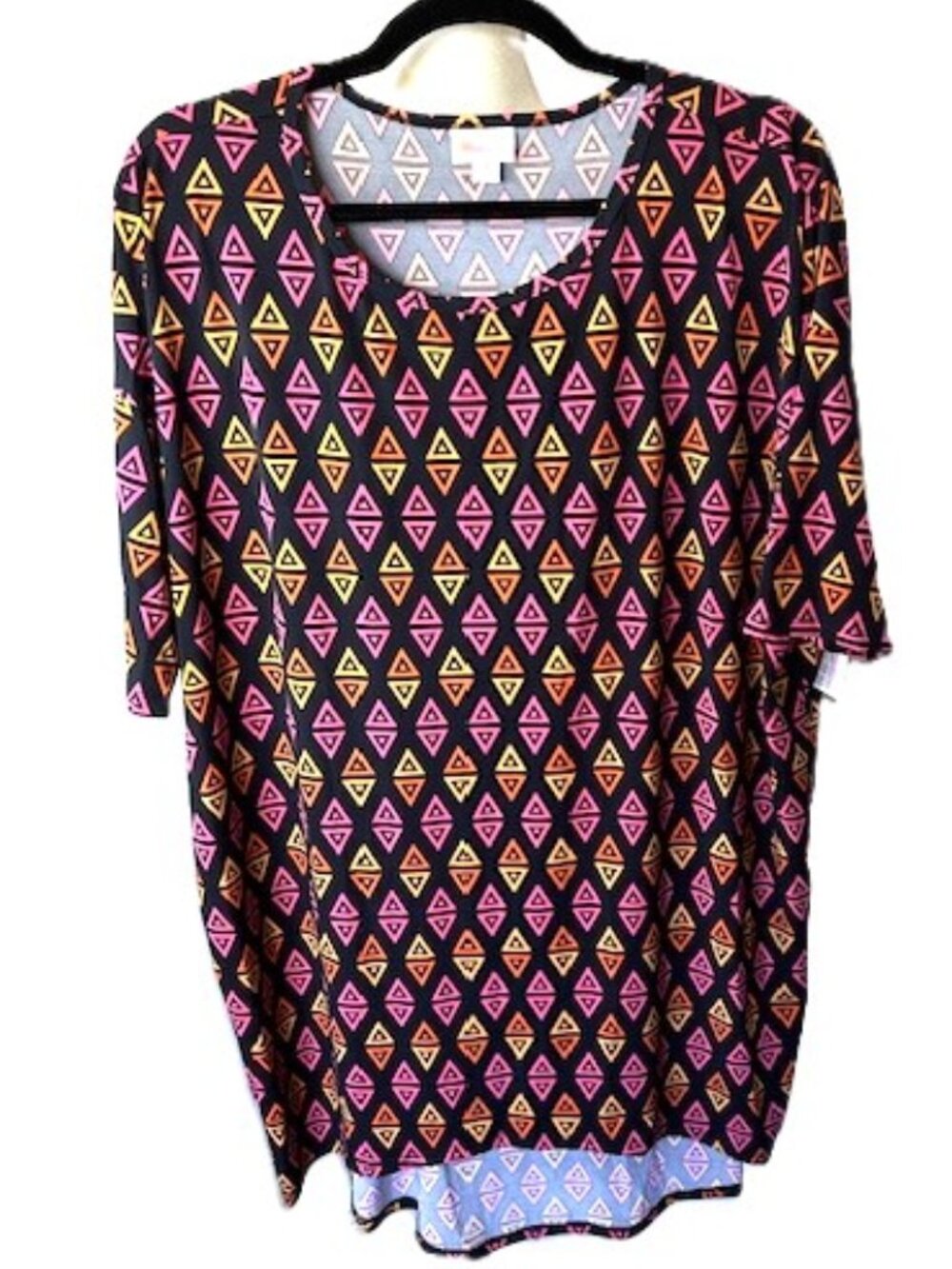 LuLaRoe Irma Medium Tunic Top High Low Diamonds Triangles Black Pink Orange